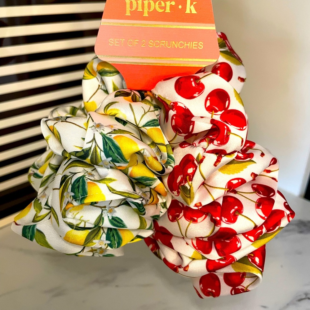 Piper K Lemon Cherry Fruit Print Scrunchies Set of 2 NWT